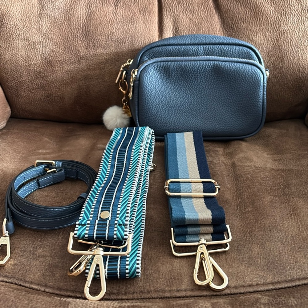Pom Pom London Mayfair Slate Blue Crossbody Bag with 2 Additional Straps